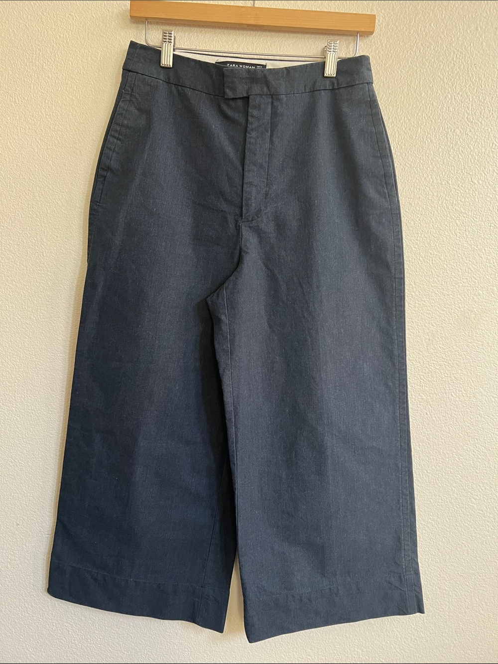 ZARA Wide Leg Cropped Culotte Jean Pants Zip & Hook Closure Blue Women's Size M
